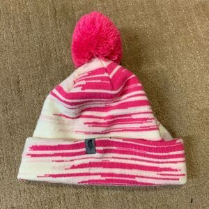 The North Face Pom Pom Fuschia Pink & White Knit Girls Kids Hat Cap